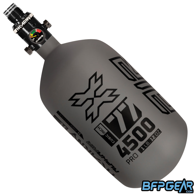 The HK Army Alpha Air 77ci air tank with the HP8 regulator in the Shadow pattern. The bottle is grey and black.