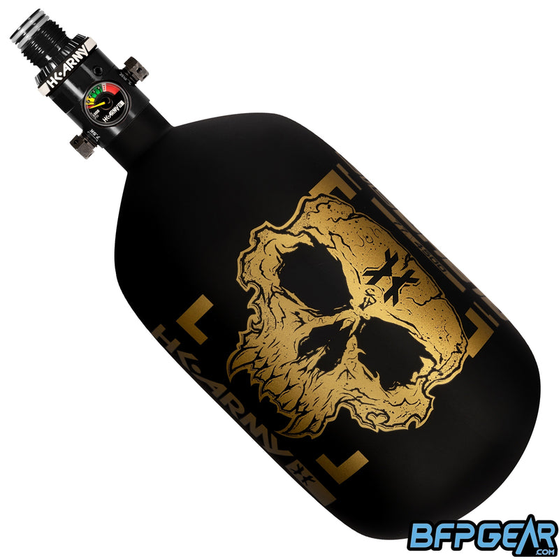 The HK Army Alpha Air 77ci air tank with the HP8 regulator in the Doom pattern. The bottle is black and gold.