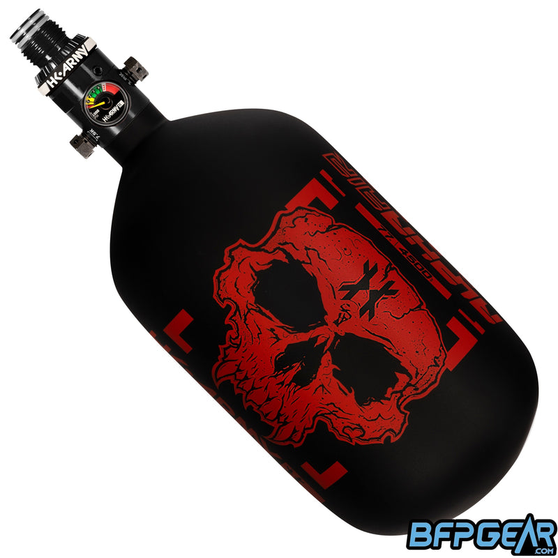 The HK Army Alpha Air 77ci air tank with the HP8 regulator in the Doom pattern. The bottle is black and red.