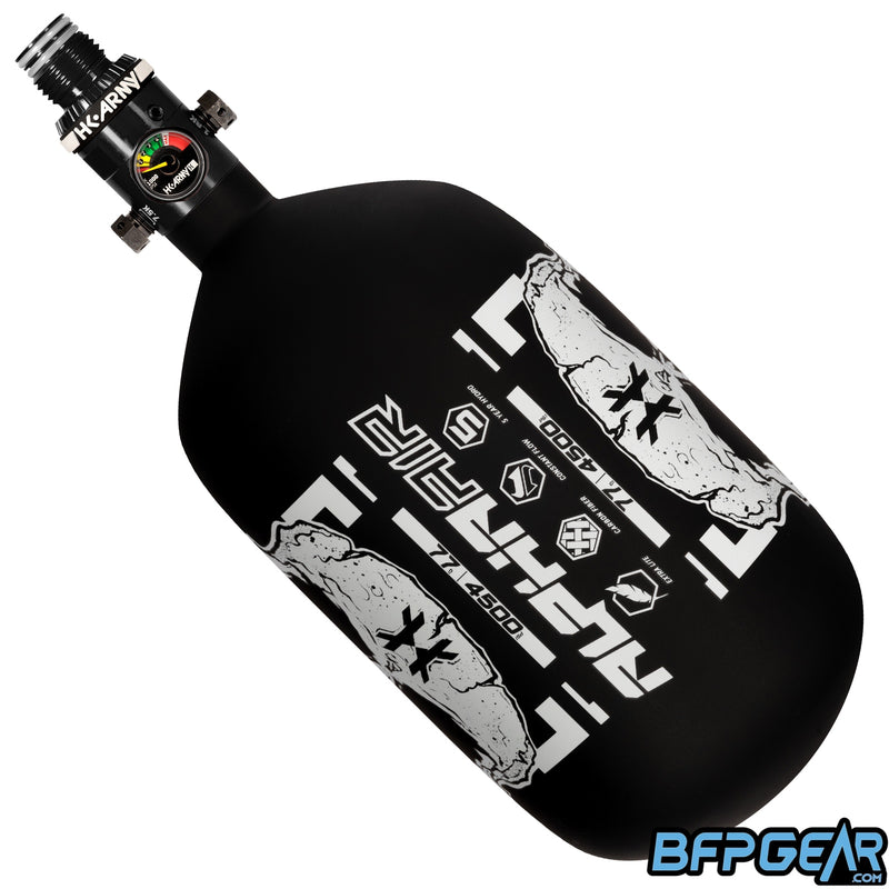 The HK Army Alpha Air 77ci air tank with the HP8 regulator in the Doom pattern. The bottle is black and white.
