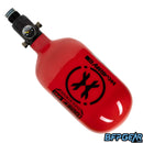 A photo of the HK Army Extra Lite 36ci air tank in red and black. The tank is all red with black text and features the HK Army logo in black. The regulator fitted to the top has two o-rings, a gauge and two burst disks. Not pictured is the fill nipple, located on the other side of the air gauge. 