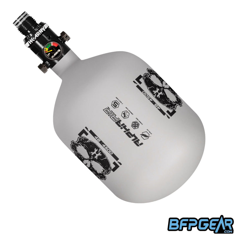 The HK Army Alpha Air 48ci air tank with the HP8 regulator in the Doom pattern. The bottle is grey and black.