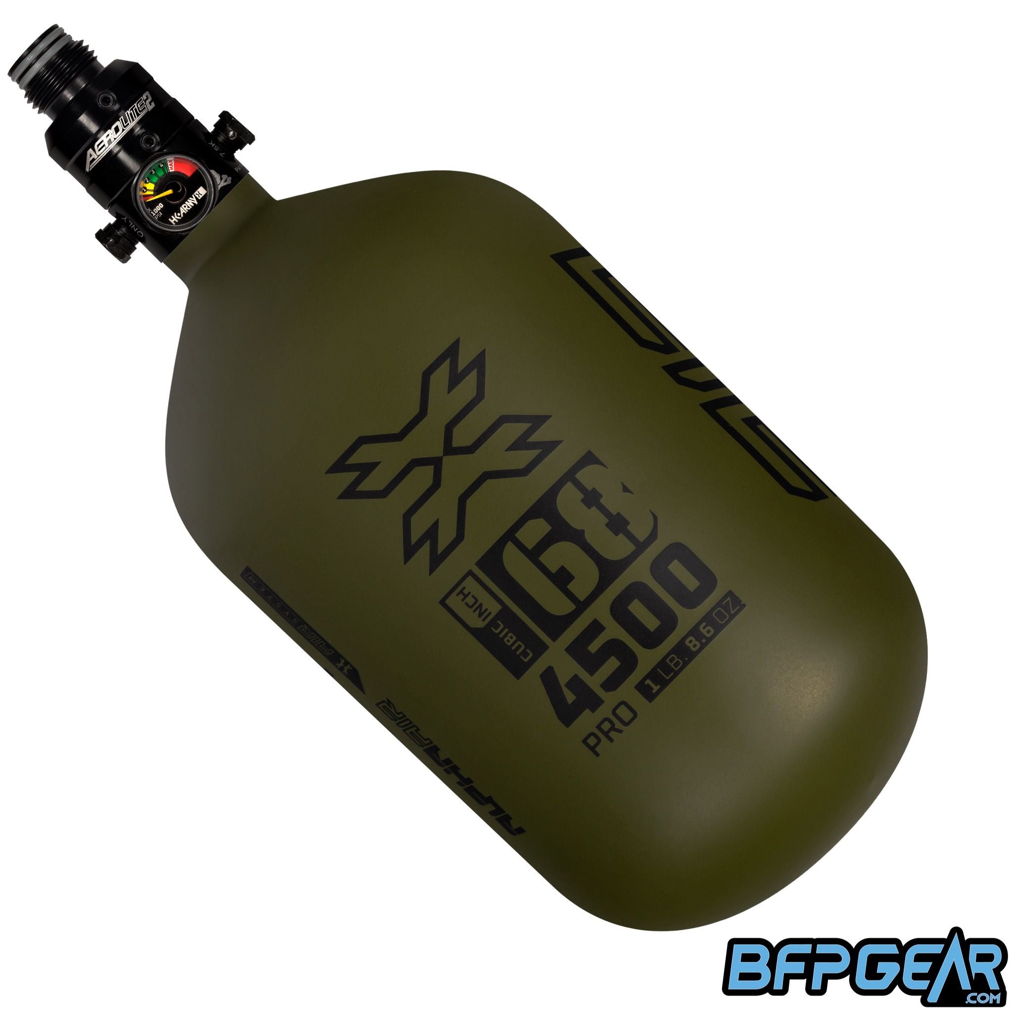 The HK Army Alpha 68ci air tank in the Striker pattern. Color way is olive and black. Comes with a pro reg in black.