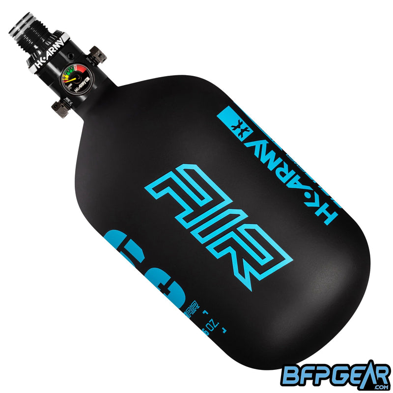 The HK Army Alpha Air 68ci air tank with the HP8 regulator in the Abyss pattern. The bottle is black and teal.