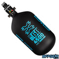 The HK Army Alpha Air 68ci air tank with the HP8 regulator in the Abyss pattern. The bottle is black and teal.
