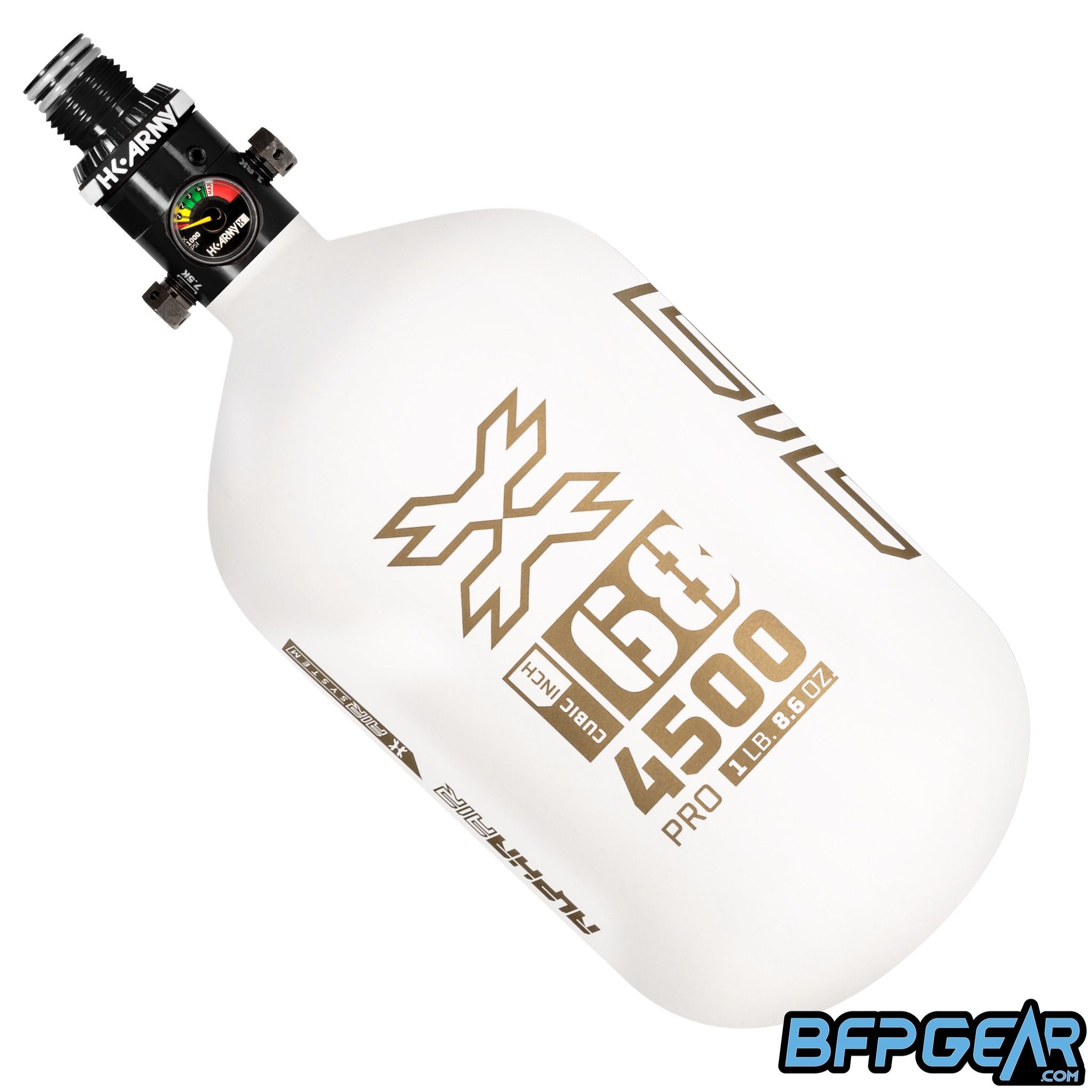 The HK Army Alpha Air 68ci air tank with the HP8 regulator in the Summit pattern. The bottle is white and gold.