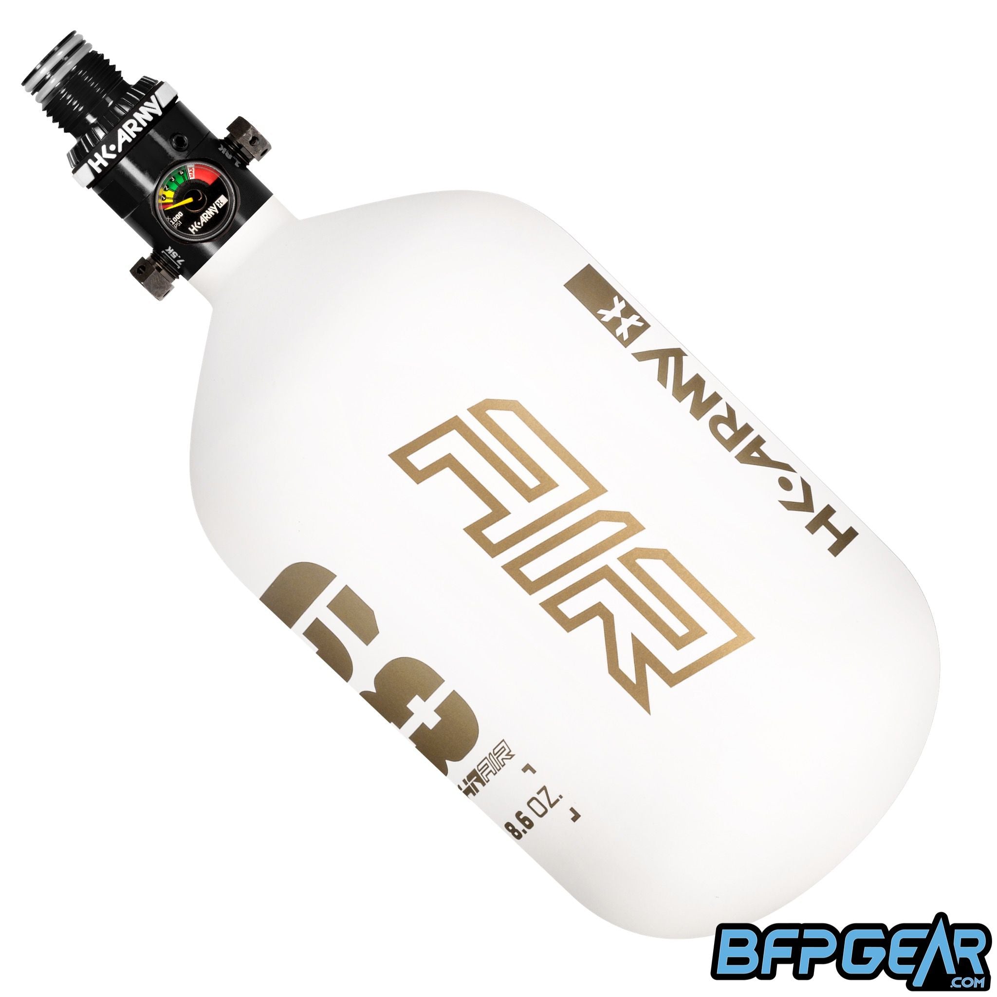 The HK Army Alpha Air 68ci air tank with the HP8 regulator in the Summit pattern. The bottle is white and gold.