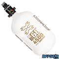 The HK Army Alpha Air 68ci air tank with the HP8 regulator in the Summit pattern. The bottle is white and gold.