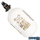 The HK Army Alpha Air 68ci air tank with the HP8 regulator in the Summit pattern. The bottle is white and gold.