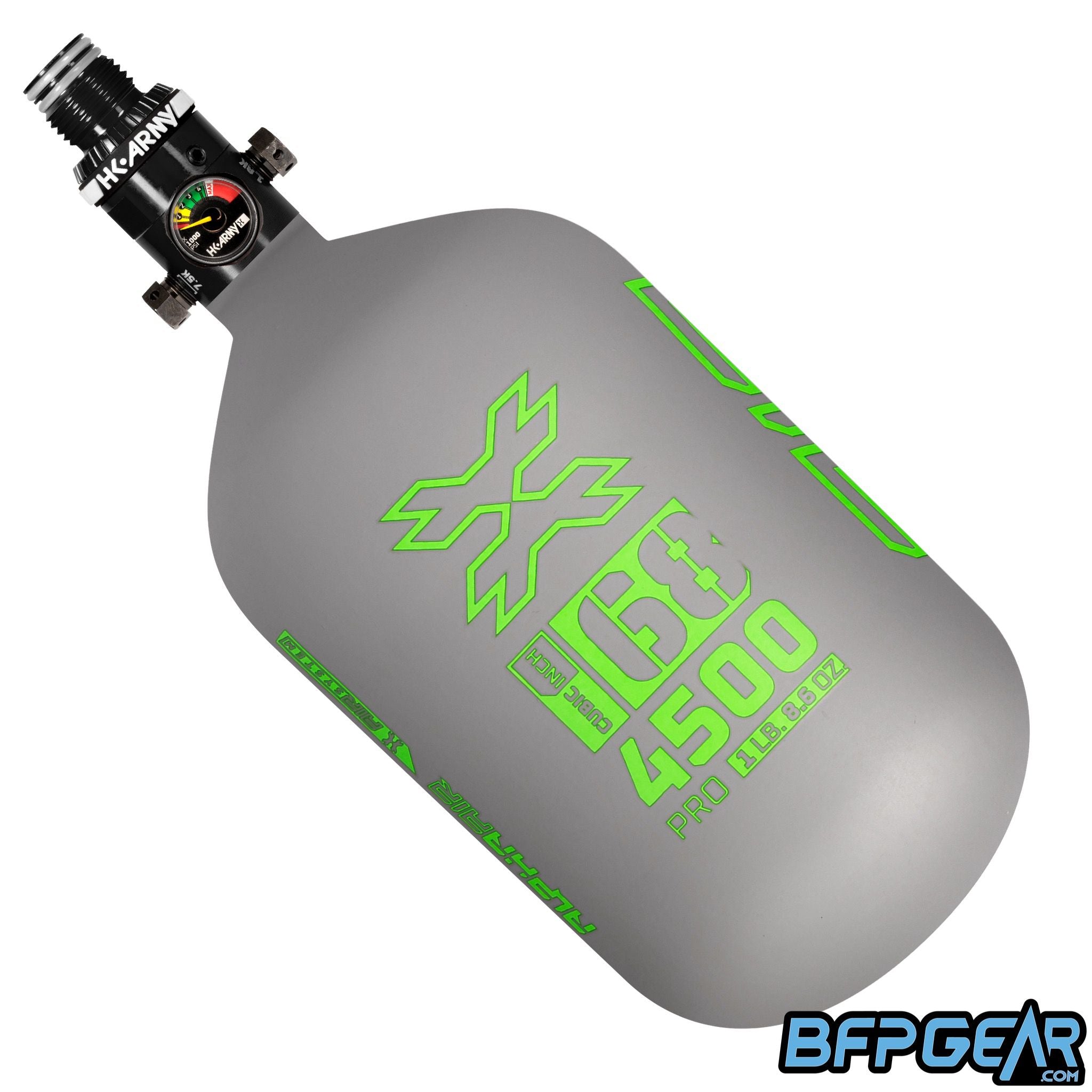 The HK Army Alpha Air 68ci air tank with the HP8 regulator in the Toxic pattern. The bottle is grey and neon green.