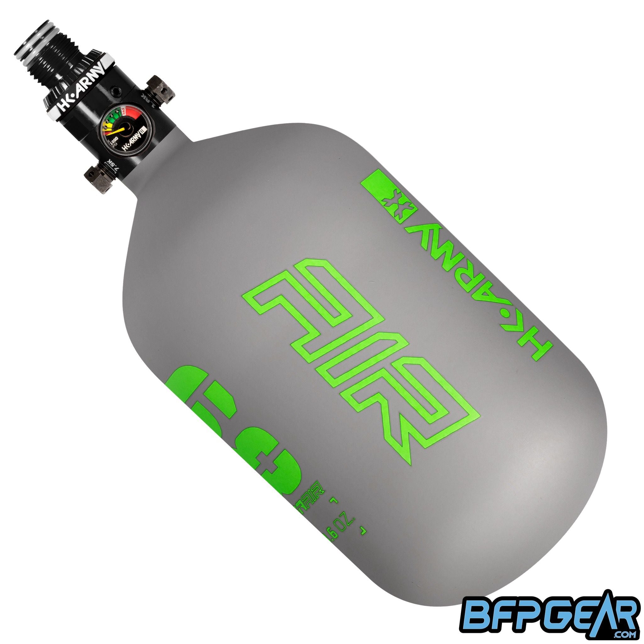 The HK Army Alpha Air 68ci air tank with the HP8 regulator in the Toxic pattern. The bottle is grey and neon green.