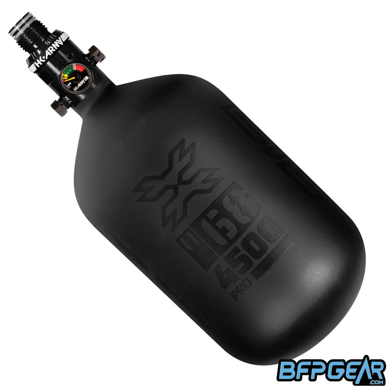 The HK Army Alpha Air 68ci air tank with the HP8 regulator in the Void pattern. The bottle is black and black.