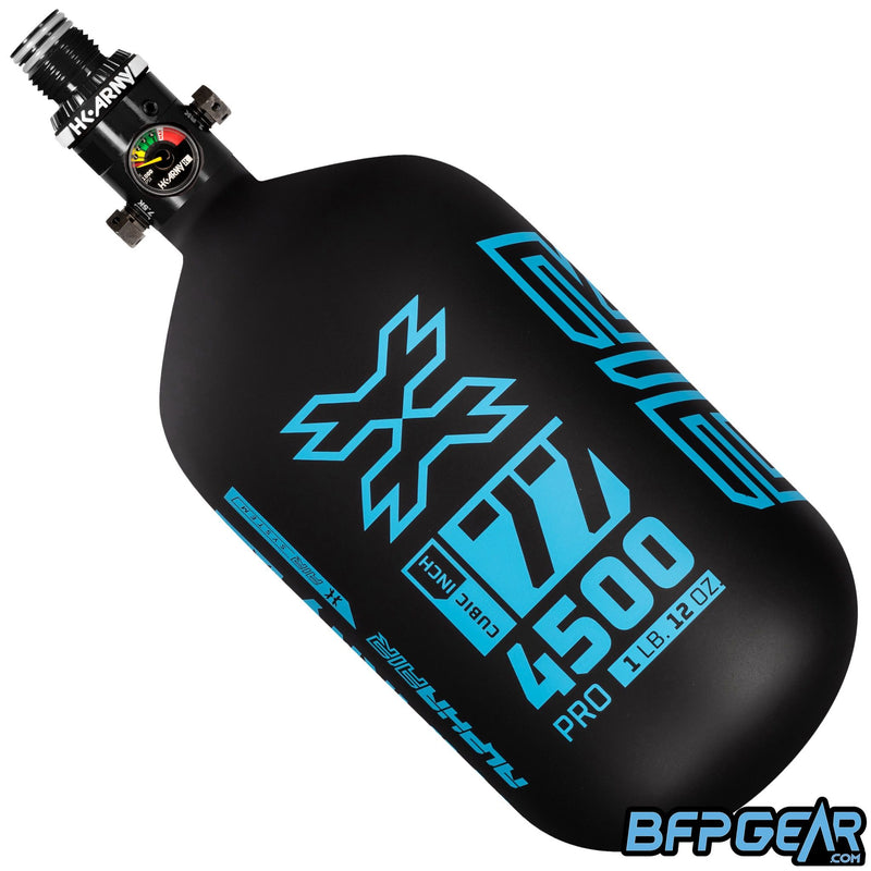 The HK Army Alpha Air 77ci air tank with the HP8 regulator in the Abyss pattern. The bottle is black and teal.