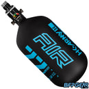 The HK Army Alpha Air 77ci air tank with the HP8 regulator in the Abyss pattern. The bottle is black and teal.