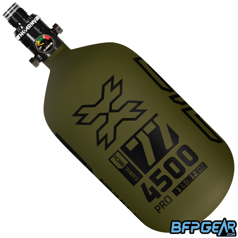 The HK Army Alpha Air 77ci air tank with the HP8 regulator in the Striker pattern. The bottle is olive and black.