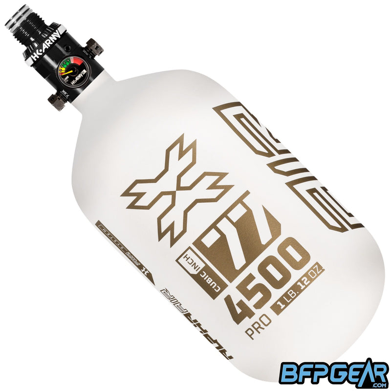 The HK Army Alpha Air 77ci air tank with the HP8 regulator in the Summit pattern. The bottle is white and gold.