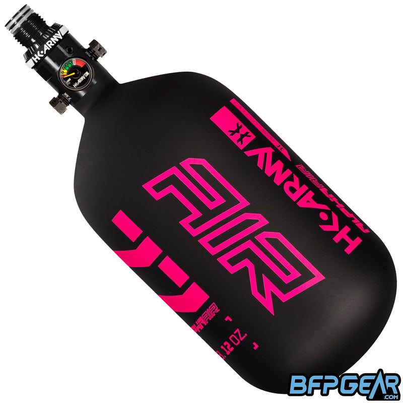 The HK Army Alpha Air 77ci air tank with the HP8 regulator in the Viper pattern. The bottle is black and neon pink.