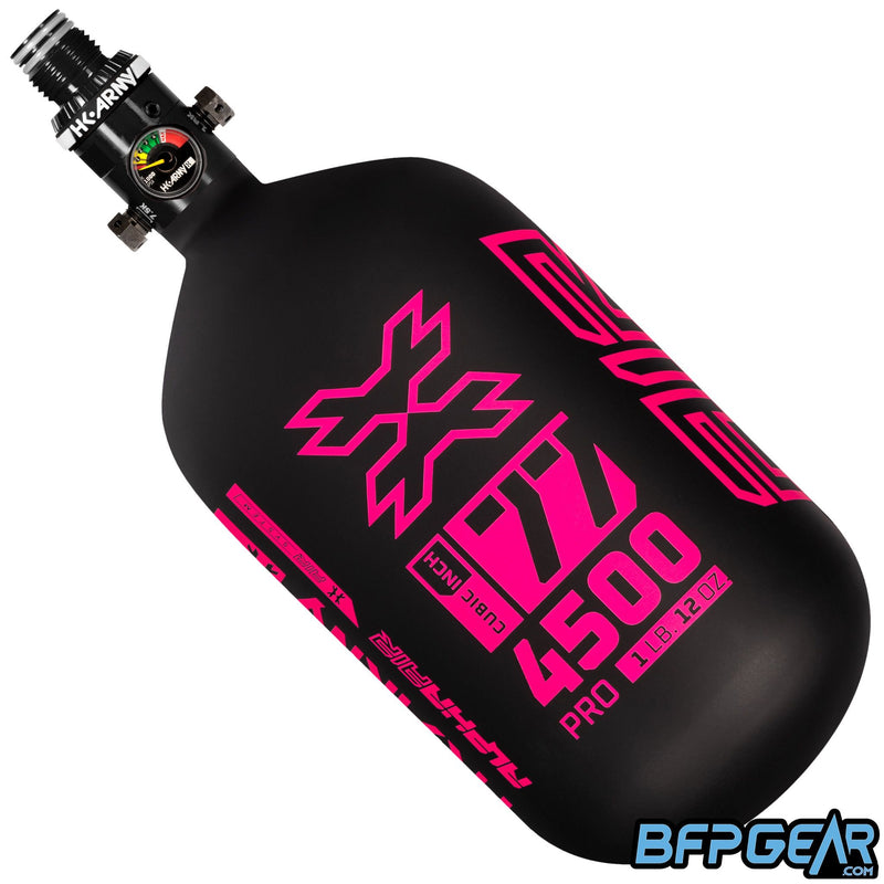 The HK Army Alpha Air 77ci air tank with the HP8 regulator in the Viper pattern. The bottle is black and neon pink.