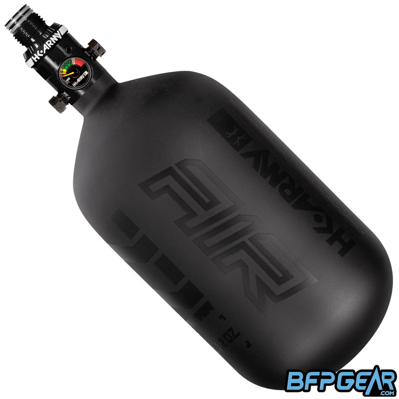 The HK Army Alpha Air 77ci air tank with the HP8 regulator in the Void pattern. The bottle is black and black.