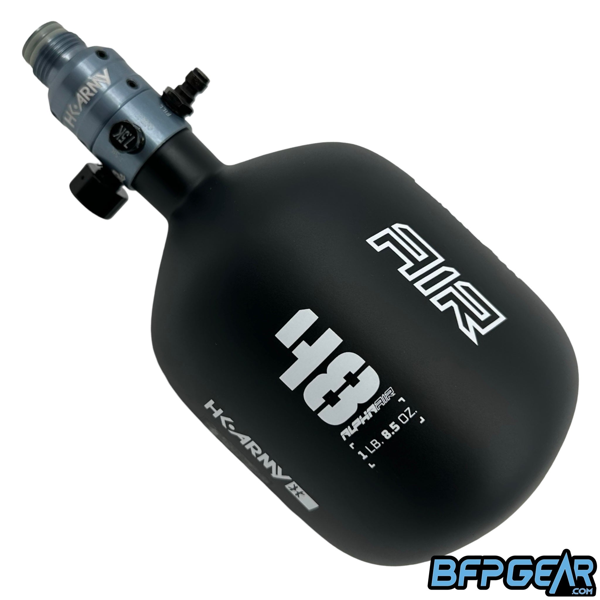 The HK Army Alpha Air 48ci air tank in the Shadow pattern. The color is black and white. Comes with a Pewter Pro V2 regulator.