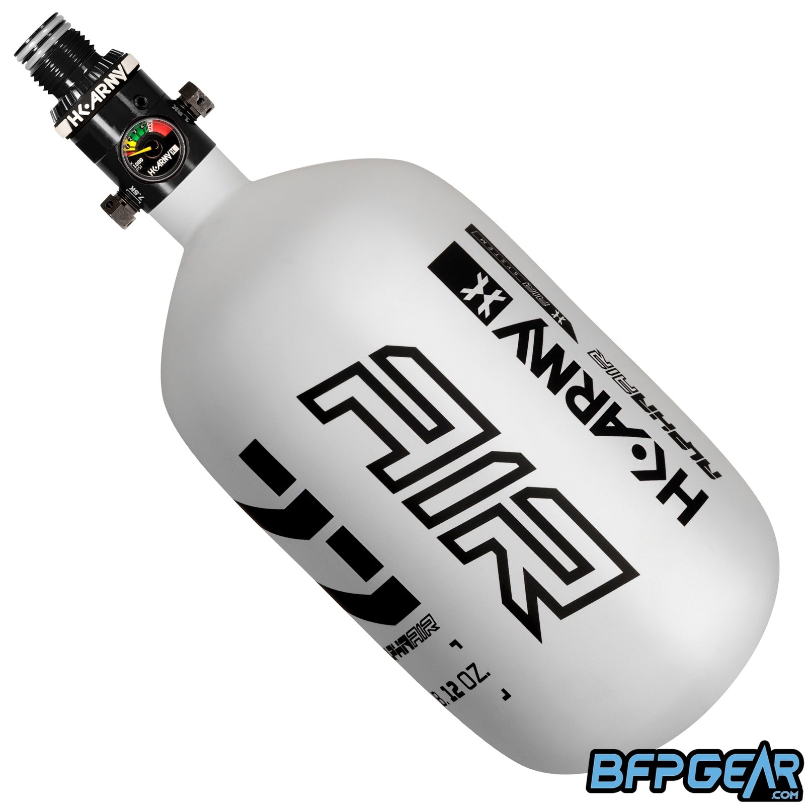 The HK Army Alpha Air 77ci air tank with the HP8 regulator in the Shadow pattern. The bottle is white and black.