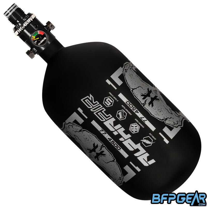The HK Army Alpha Air 77ci air tank with the HP8 regulator in the Doom pattern. The bottle is black and silver.