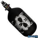 The HK Army Alpha Air 77ci air tank with the HP8 regulator in the Doom Alloy pattern. The bottle is black and silver.
