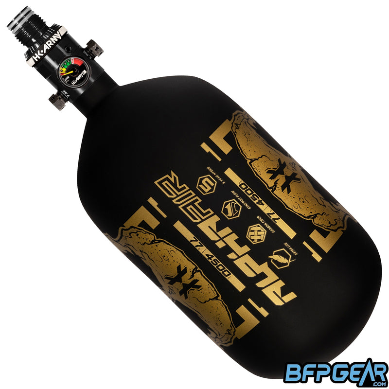 The HK Army Alpha Air 77ci air tank with the HP8 regulator in the Doom pattern. The bottle is black and gold.