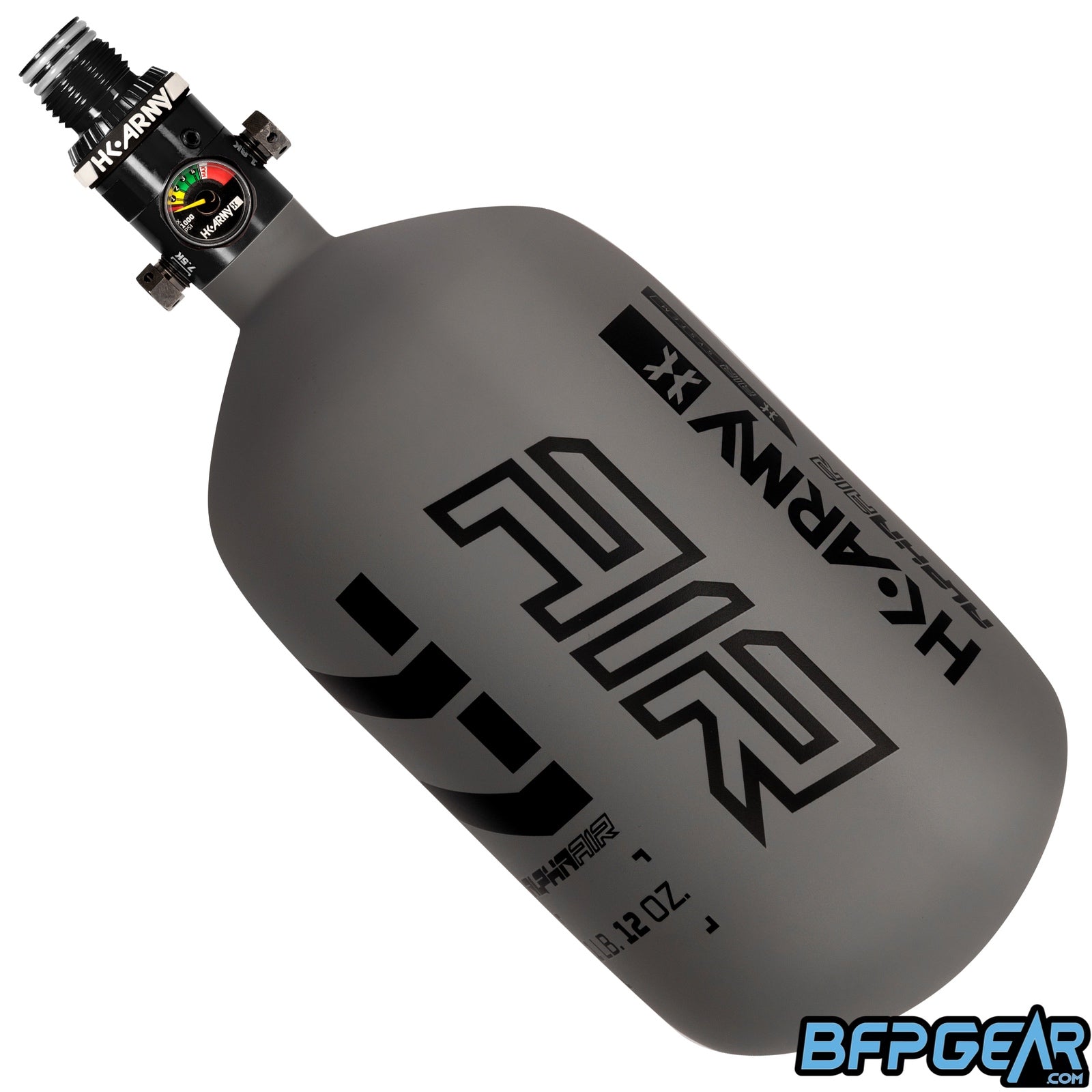 The HK Army Alpha Air 77ci air tank with the HP8 regulator in the Graphite pattern. The bottle is grey and black.