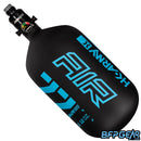 The HK Army Alpha 77ci air tank with a Pro V2 regulator in the Abyss pattern. Color way is black and teal. Pro Regulator is black in color.