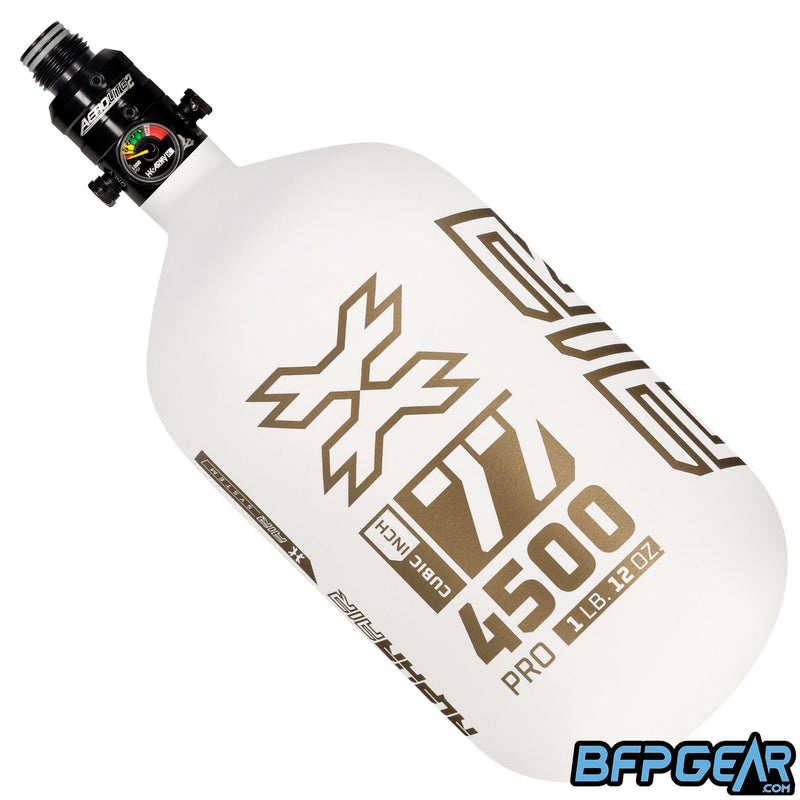 The HK Army Alpha 77ci air tank with a Pro V2 regulator in the Summit pattern. Color way is white and gold. Pro Regulator is black in color.