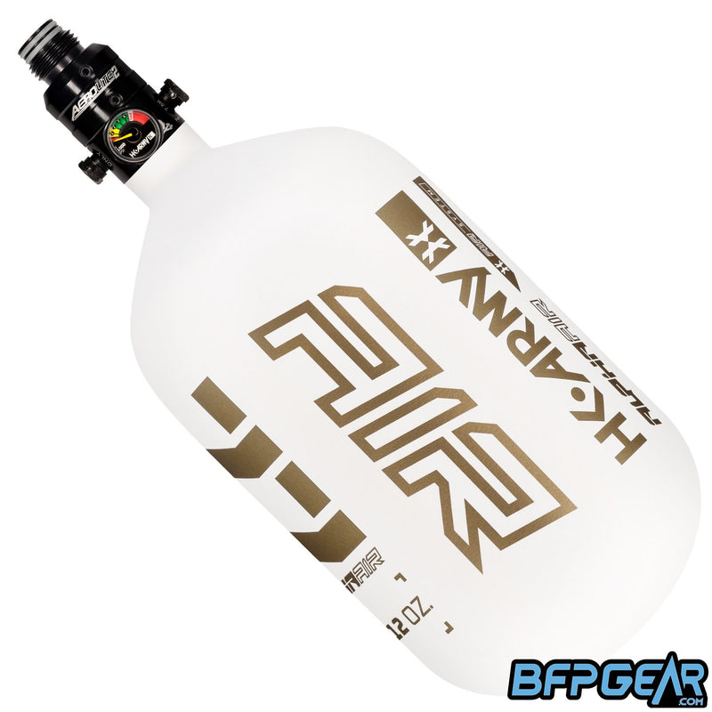 The HK Army Alpha 77ci air tank with a Pro V2 regulator in the Summit pattern. Color way is white and gold. Pro Regulator is black in color.