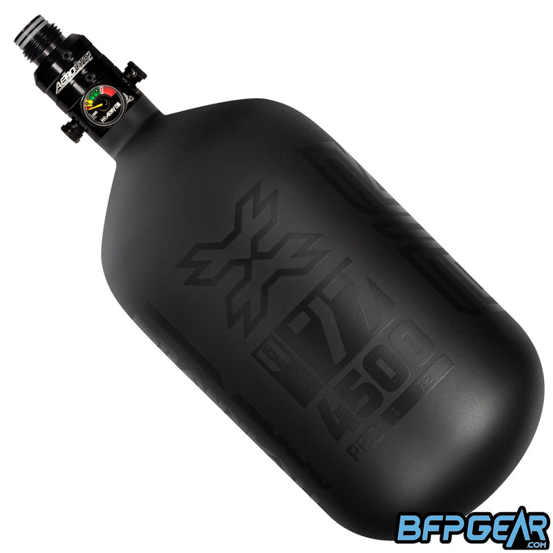 The HK Army Alpha 77ci air tank with a Pro V2 regulator in the Void pattern. Color way is black and black. Pro Regulator is black in color.