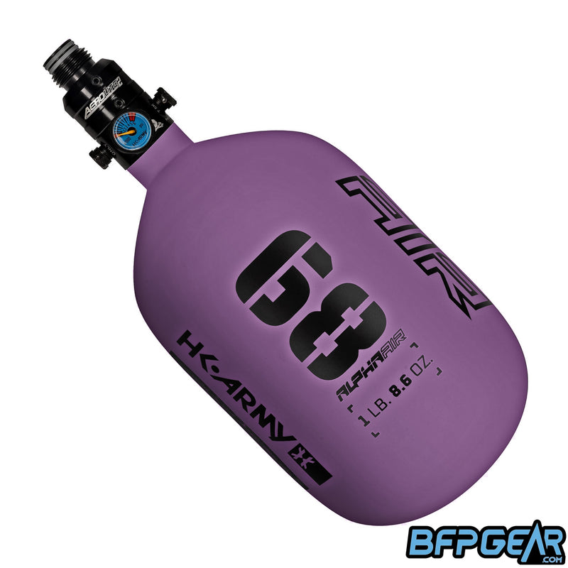 The HK Army Alpha 68ci air tank in the Haze pattern. Color way is purple and black. Comes with a pro reg in black.