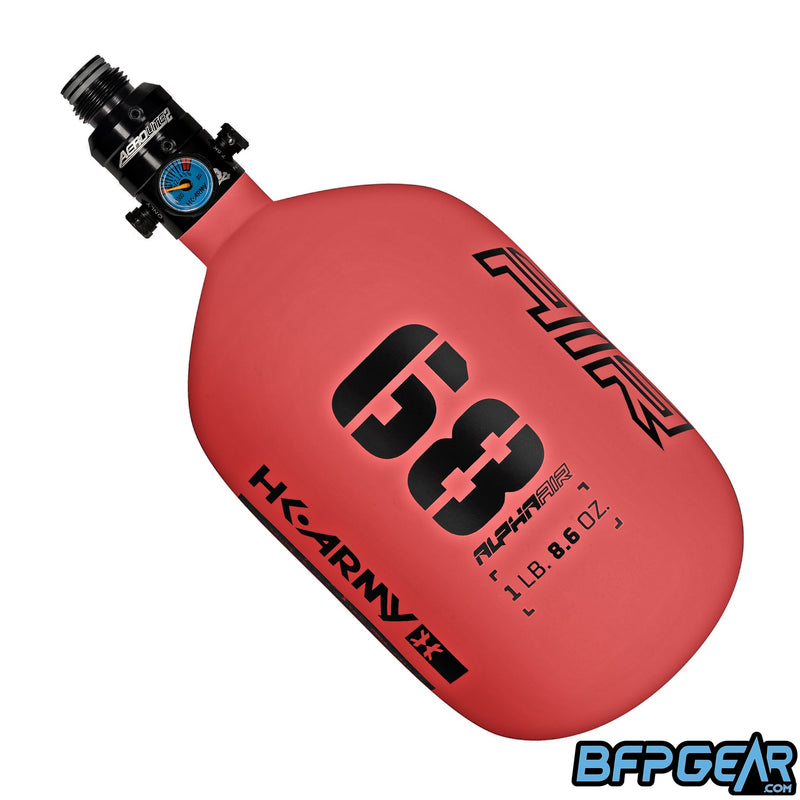 The HK Army Alpha 68ci air tank in the Ignite pattern. Color way is red and black. Comes with a pro reg in black.