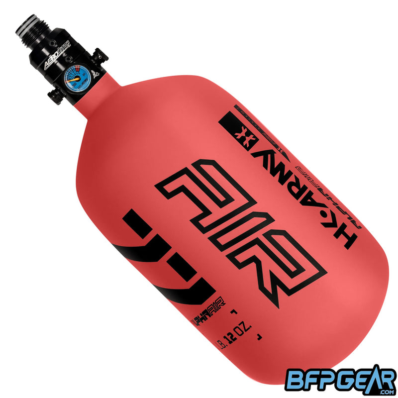The HK Army Alpha 77ci air tank with a Pro V2 regulator in the Ignite pattern. Color way is red and black.