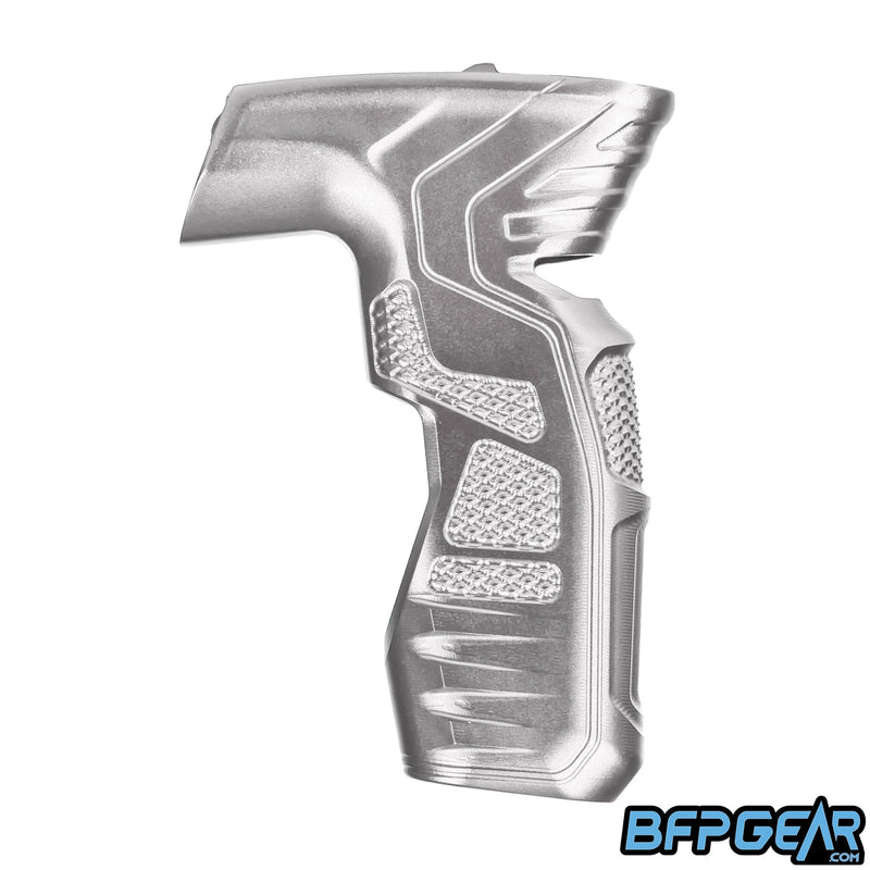The HK Army Aluminum CS2/CS3 silver grip facing the right. Knurling is located throughout for added texture.