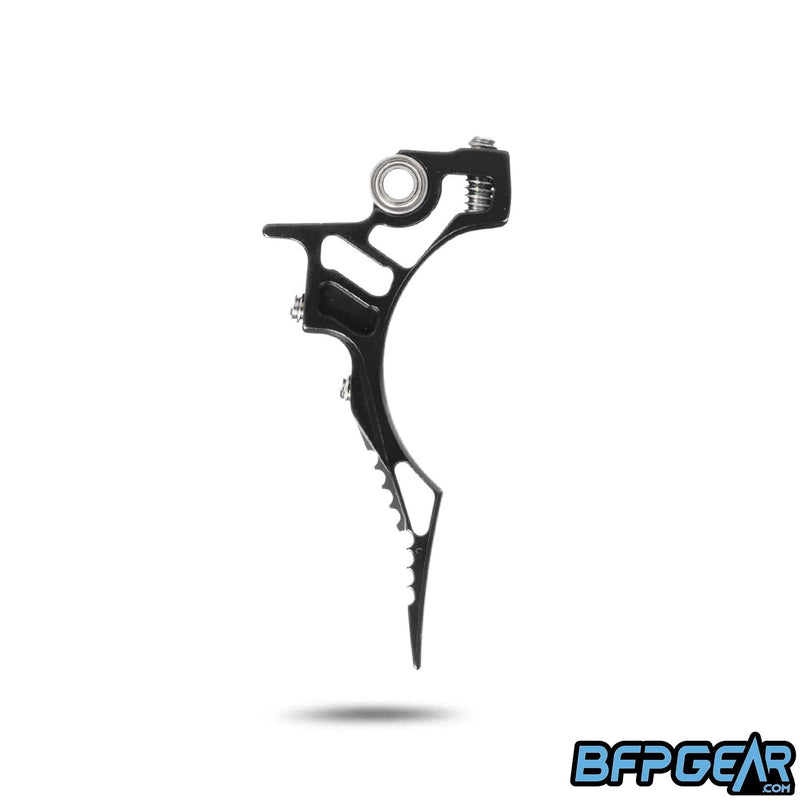 The side profile of the HK Army Death Blade trigger for the ETHA 2/ETHA 3 in the Reaper style. This shows off the cuts made in the trigger to keep it extremely light weight, and shows off the staggered style you get.