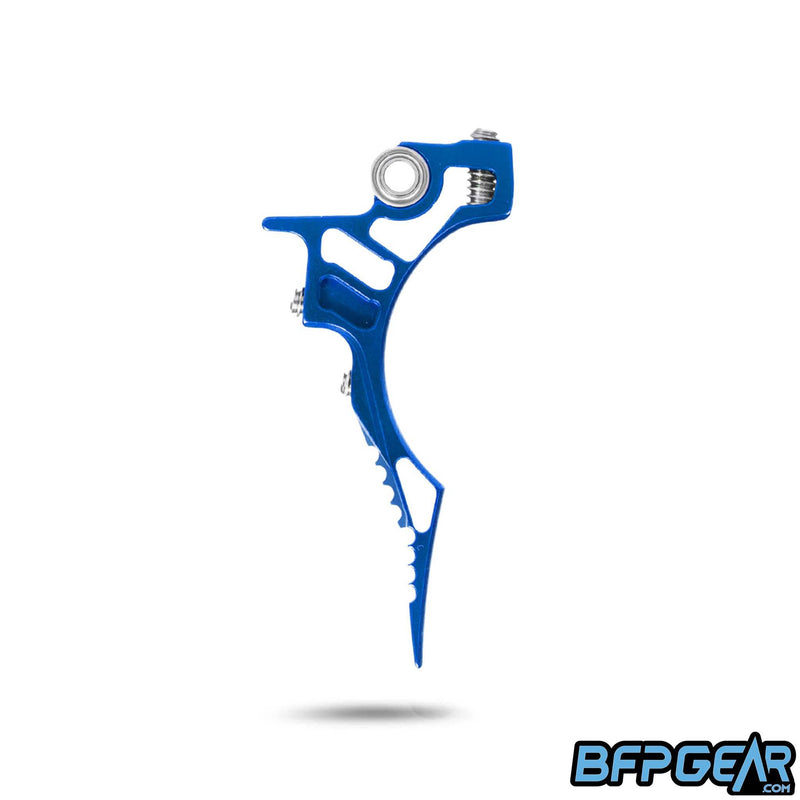 The side profile of the HK Army Death Blade trigger for the ETHA 2/ETHA 3 in the Reaper style. This shows off the cuts made in the trigger to keep it extremely light weight, and shows off the staggered style you get.