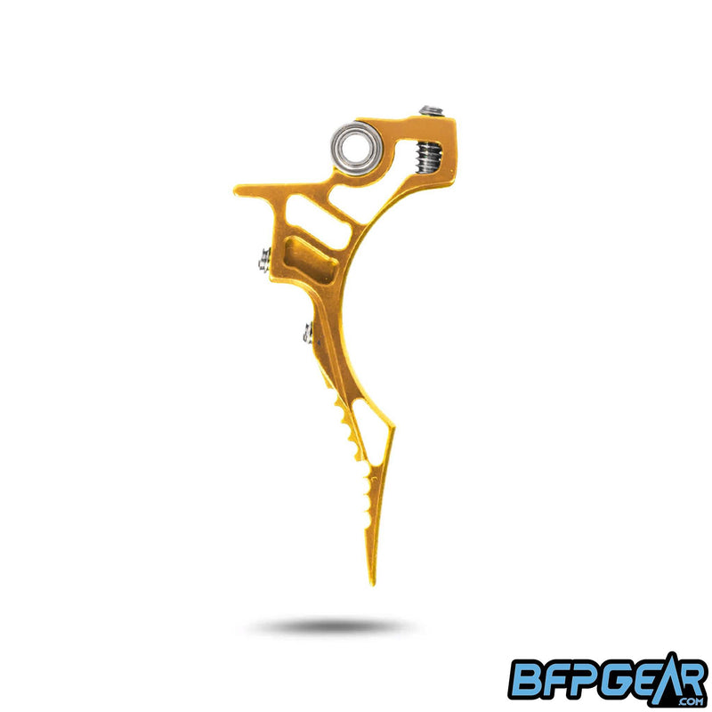The side profile of the HK Army Death Blade trigger for the ETHA 2/ETHA 3 in the Reaper style. This shows off the cuts made in the trigger to keep it extremely light weight, and shows off the staggered style you get.