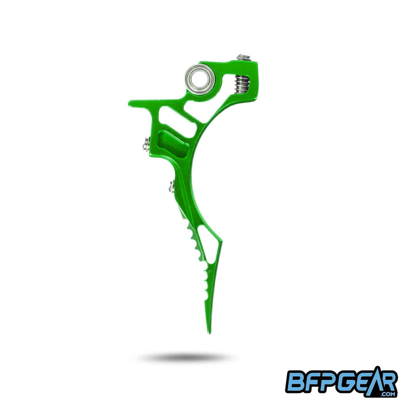 The side profile of the HK Army Death Blade trigger for the ETHA 2/ETHA 3 in the Reaper style. This shows off the cuts made in the trigger to keep it extremely light weight, and shows off the staggered style you get.