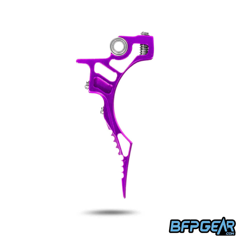 The side profile of the HK Army Death Blade trigger for the ETHA 2/ETHA 3 in the Reaper style. This shows off the cuts made in the trigger to keep it extremely light weight, and shows off the staggered style you get.