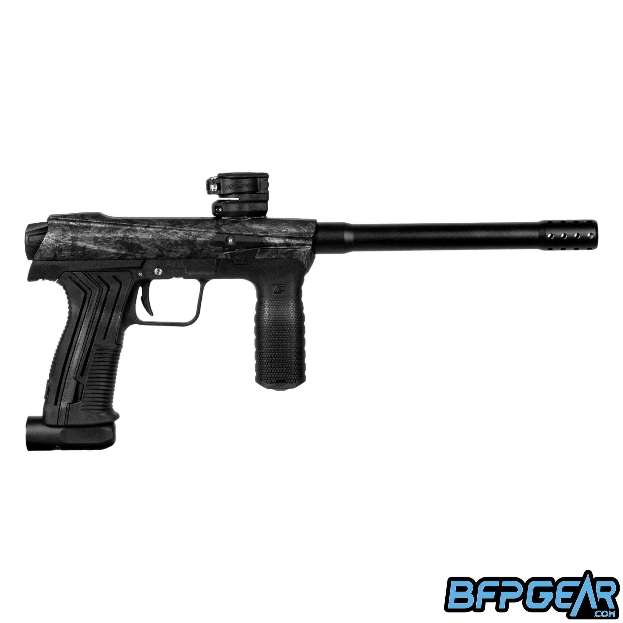 The HK Army EMEK by Planet Eclipse in the Shrapnel color way. Brushed silver covers the body of the EMEK, looking like scratched metal.