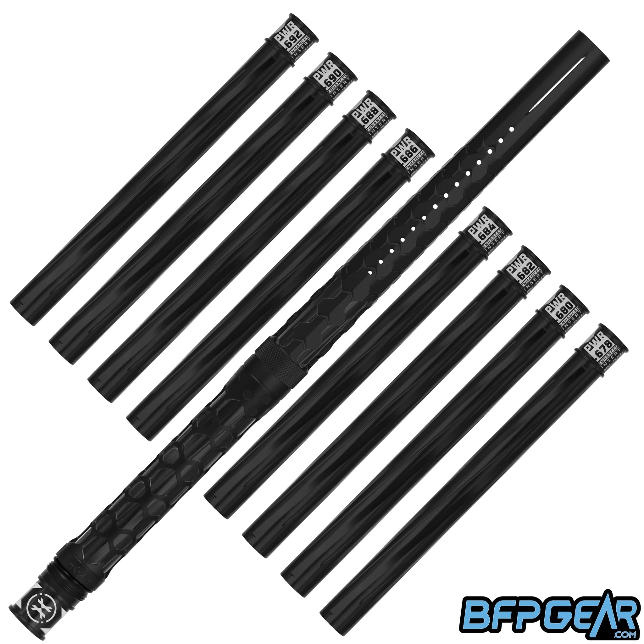 HK Army Hex PWR Barrel Kit in black with Vector PWR inserts and EXO hard shell case for precision paintball performance