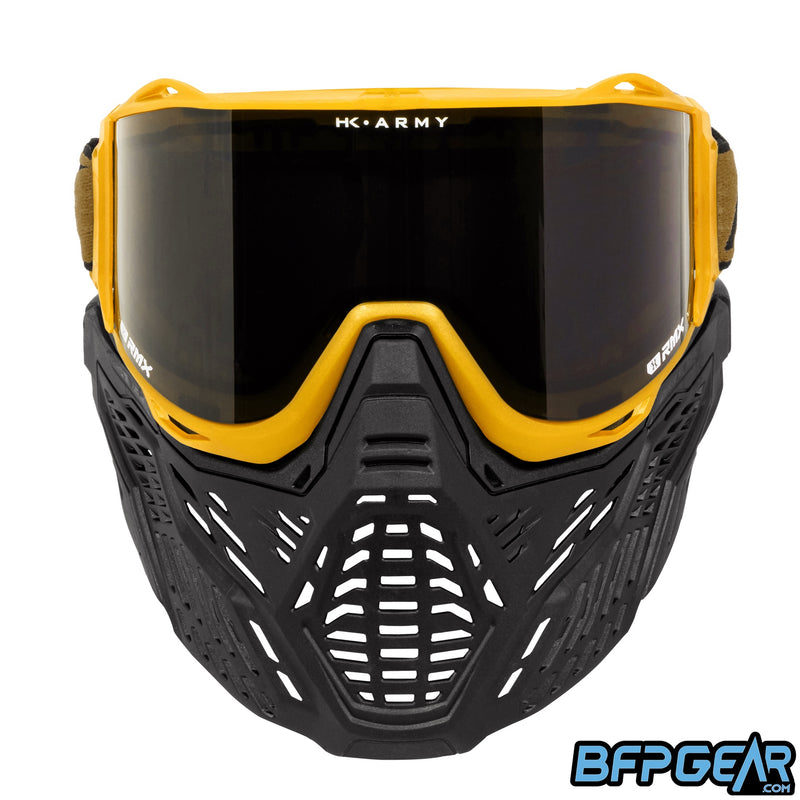 The HK Army RMX Goggle system in gold, facing the front.
