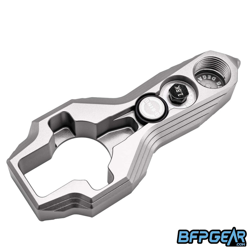 An angled view of the HK Army Reg Tool. Extra tank o-ring storage, 1.8k burst disk holder, reg remover, and a Degas port are all on this side.