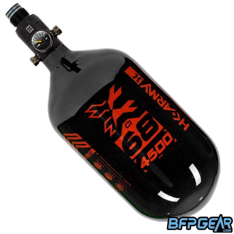 The HK Army 68ci Aerolite Rush tank in black and red, paired with the standard regulator.