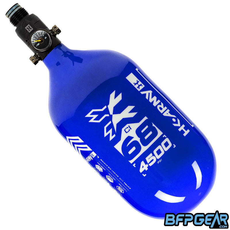 The HK Army 68ci Aerolite Rush tank in blue and white, paired with the standard regulator.