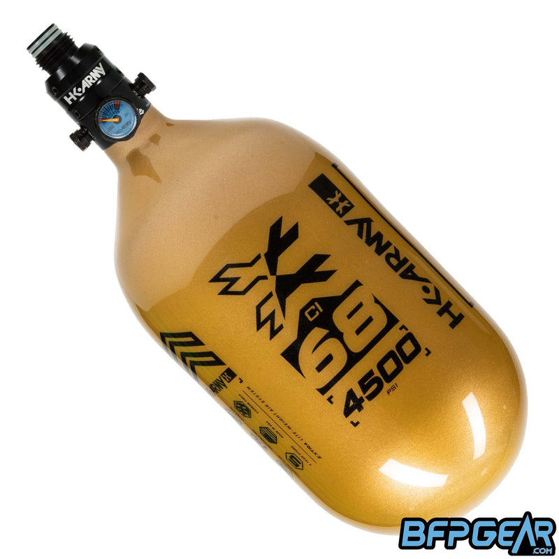 The HK Army 68ci Aerolite Rush tank in gold and black, paired with the Pro Regulator.