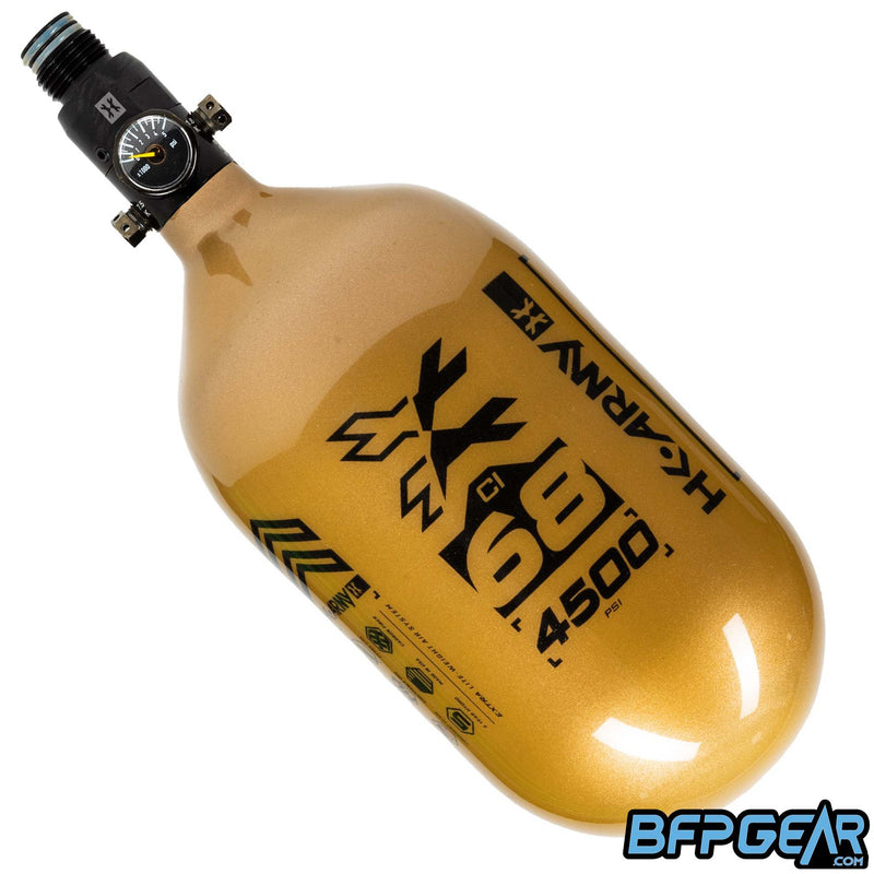 The HK Army 68ci Aerolite Rush tank in gold and black, paired with the standard regulator.